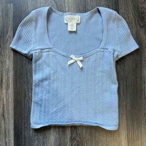 The Prairie Rachel Ashwell Blue Pointelle Knit Top Bow Cottagecore XS